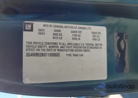 2001 Buick Regal Ls from USA, damaged, VIN 2G4WB52K611309022